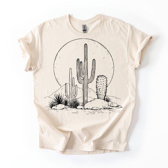 Desert Sunset Cactus T-Shirt Women's Boho Graphic Tee Southwest Nature Top - Picture 1 of 3
